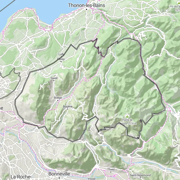 Karten-Miniaturansicht der Radinspiration "Herausfordernde Strecke um Col de la Ramaz" in Rhône-Alpes, France. Erstellt vom Tarmacs.app-Routenplaner für Radtouren