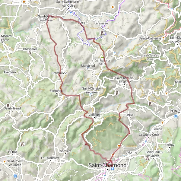 Miniaturní mapa "Gravel Route to Crêt Saint-Georges" inspirace pro cyklisty v oblasti Rhône-Alpes, France. Vytvořeno pomocí plánovače tras Tarmacs.app