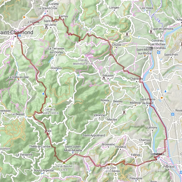 Miniatura mapy "Trasa gravelowa przez Serrières i Crêt de la Perdrix" - trasy rowerowej w Rhône-Alpes, France. Wygenerowane przez planer tras rowerowych Tarmacs.app
