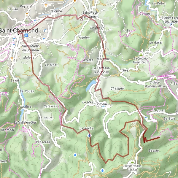Miniaturní mapa "Scenic Gravel Ride to Crêt de l'Œillon" inspirace pro cyklisty v oblasti Rhône-Alpes, France. Vytvořeno pomocí plánovače tras Tarmacs.app