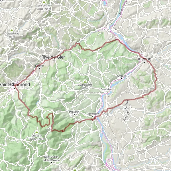 Karttaminiaatyyri "Haastava maastopyöräretki historiaa ja luontoa kohden" pyöräilyinspiraatiosta alueella Rhône-Alpes, France. Luotu Tarmacs.app pyöräilyreittisuunnittelijalla