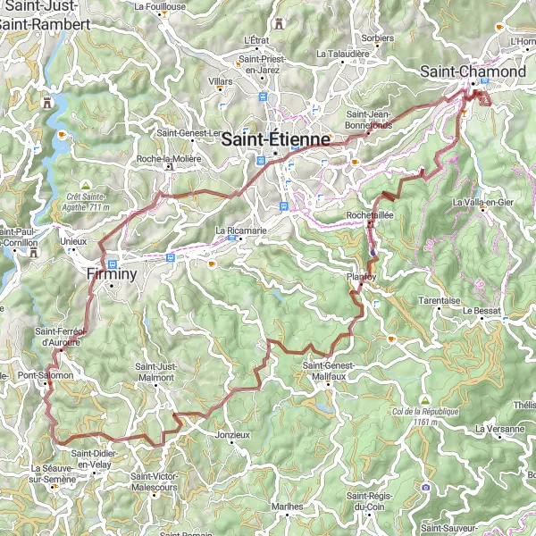 Karttaminiaatyyri "Pyöräily Saint-Chamondin ympäristössä" pyöräilyinspiraatiosta alueella Rhône-Alpes, France. Luotu Tarmacs.app pyöräilyreittisuunnittelijalla