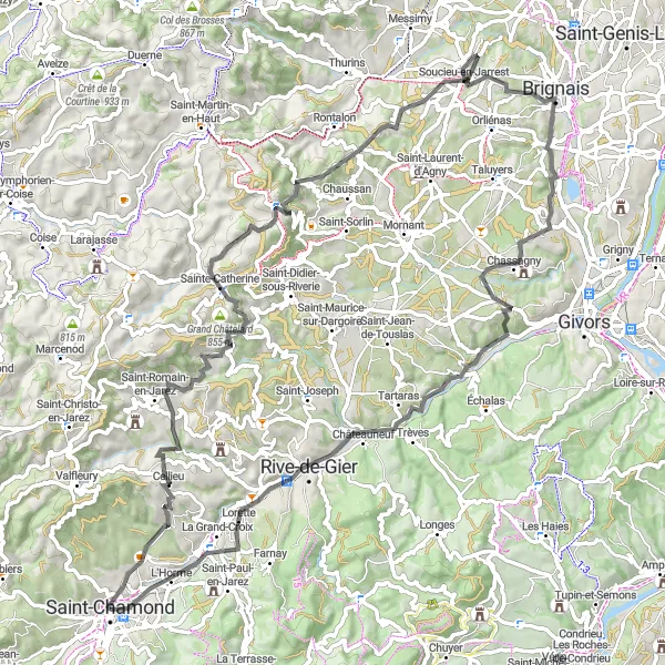 Miniature de la carte de l'inspiration cycliste "Exploration des contreforts du Massif central" dans la Rhône-Alpes, France. Générée par le planificateur d'itinéraire cycliste Tarmacs.app