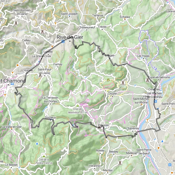 Miniatua del mapa de inspiración ciclista "Ruta en Carretera a Pélussin" en Rhône-Alpes, France. Generado por Tarmacs.app planificador de rutas ciclistas