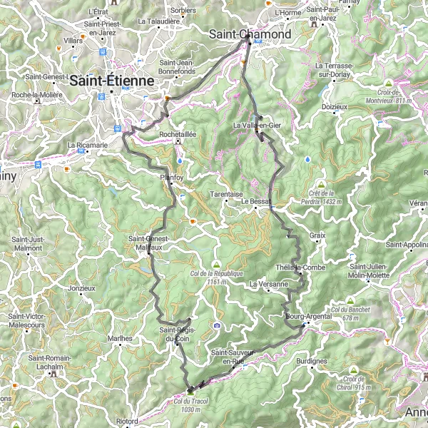 Miniatua del mapa de inspiración ciclista "Ruta a través de Saint-Chamond y alrededores" en Rhône-Alpes, France. Generado por Tarmacs.app planificador de rutas ciclistas