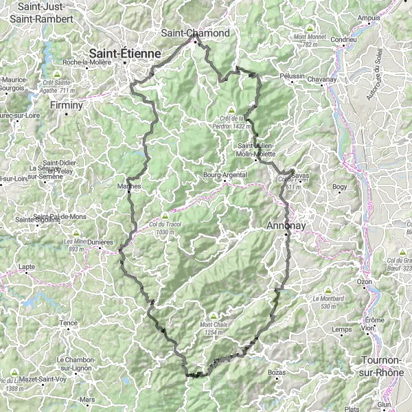 Miniatua del mapa de inspiración ciclista "Desafío Ciclista por Crêt de l'Œillon" en Rhône-Alpes, France. Generado por Tarmacs.app planificador de rutas ciclistas