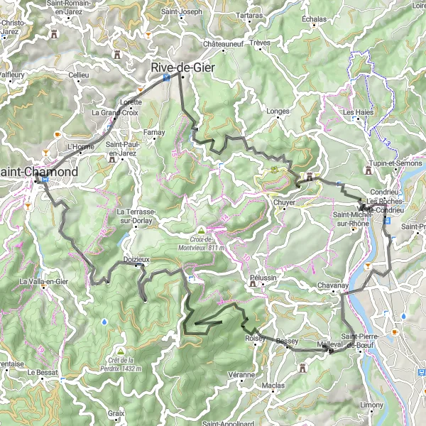 Map miniature of "Road cycling route from Saint-Chamond to Roisey and back" cycling inspiration in Rhône-Alpes, France. Generated by Tarmacs.app cycling route planner