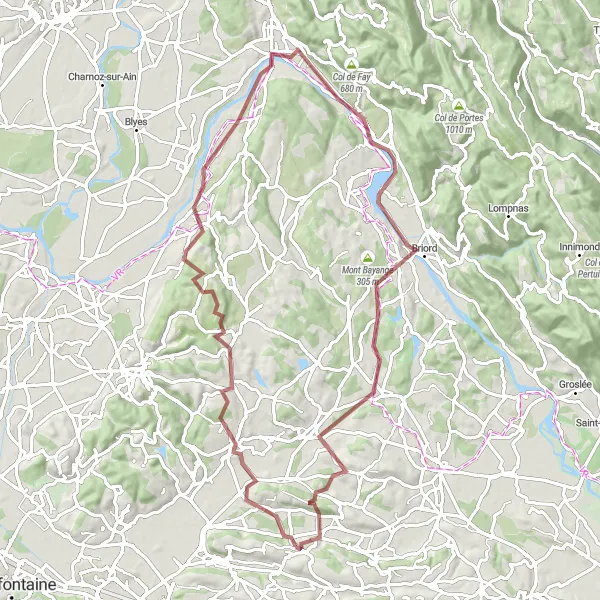 Miniatua del mapa de inspiración ciclista "Ruta Escénica de Grava por Saint-Vulbas" en Rhône-Alpes, France. Generado por Tarmacs.app planificador de rutas ciclistas