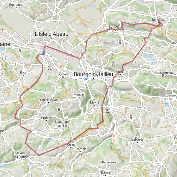 Miniaturní mapa "Gravelová cyklistická trasa kolem Saint-Chef" inspirace pro cyklisty v oblasti Rhône-Alpes, France. Vytvořeno pomocí plánovače tras Tarmacs.app