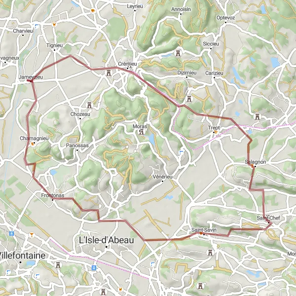 Miniaturní mapa "Gravelová cyklostezka kolem Saint-Chef" inspirace pro cyklisty v oblasti Rhône-Alpes, France. Vytvořeno pomocí plánovače tras Tarmacs.app