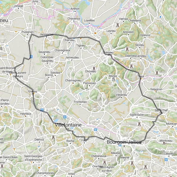 Miniatua del mapa de inspiración ciclista "Ruta por carretera hasta Pont-de-Chéruy" en Rhône-Alpes, France. Generado por Tarmacs.app planificador de rutas ciclistas