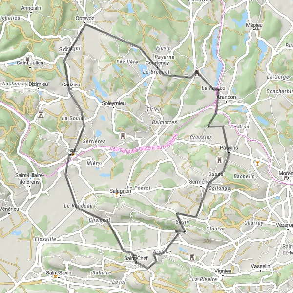 Zemljevid v pomanjšavi "Barvita cestna pot v okolici Saint-Chefa" kolesarske inspiracije v Rhône-Alpes, France. Generirano z načrtovalcem kolesarskih poti Tarmacs.app