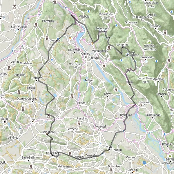 Map miniature of "The Peloton Challenge" cycling inspiration in Rhône-Alpes, France. Generated by Tarmacs.app cycling route planner