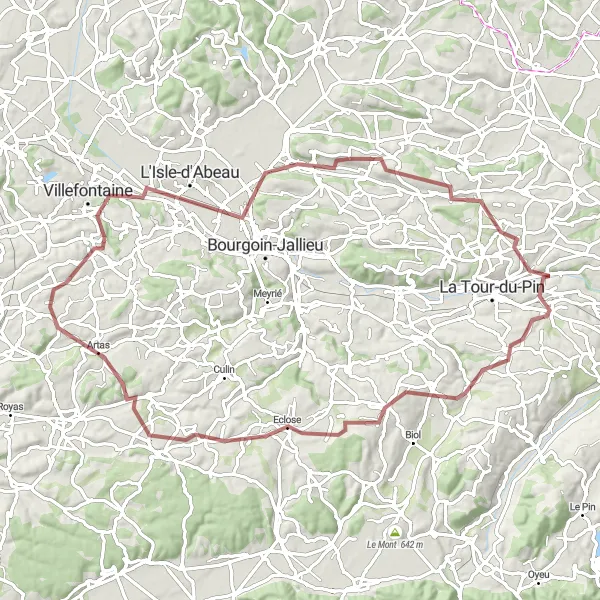 Miniatuurkaart van de fietsinspiratie "Gravelroute van 82 km in de omgeving van Saint-Clair-de-la-Tour" in Rhône-Alpes, France. Gemaakt door de Tarmacs.app fietsrouteplanner