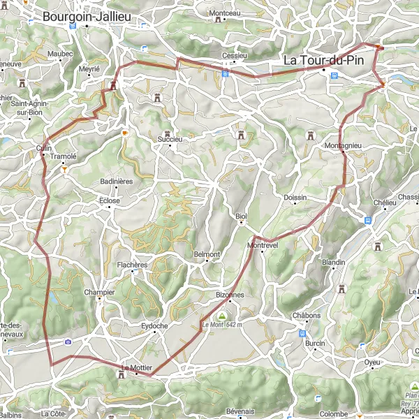 Miniaturní mapa "Gravelová adventura kolem La Tour-du-Pin" inspirace pro cyklisty v oblasti Rhône-Alpes, France. Vytvořeno pomocí plánovače tras Tarmacs.app