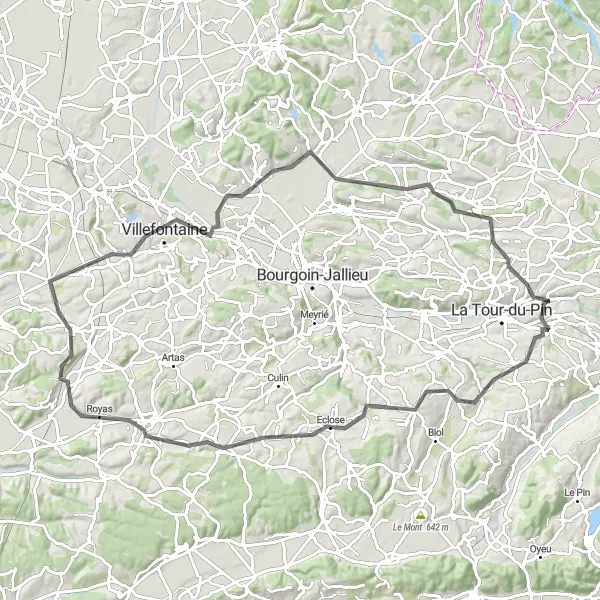 Map miniature of "Torchefelon to La Chapelle-de-la-Tour" cycling inspiration in Rhône-Alpes, France. Generated by Tarmacs.app cycling route planner
