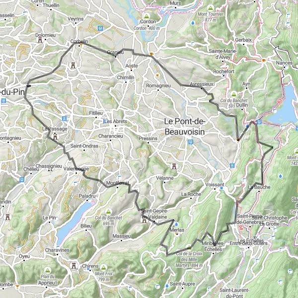 Miniatuurkaart van de fietsinspiratie "Wegroute van 90 km in de omgeving van Saint-Clair-de-la-Tour" in Rhône-Alpes, France. Gemaakt door de Tarmacs.app fietsrouteplanner