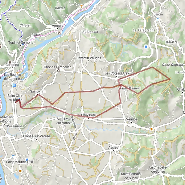 Karten-Miniaturansicht der Radinspiration "Kurze Gravel-Tour durch die Umgebung von Saint-Clair-du-Rhône" in Rhône-Alpes, France. Erstellt vom Tarmacs.app-Routenplaner für Radtouren