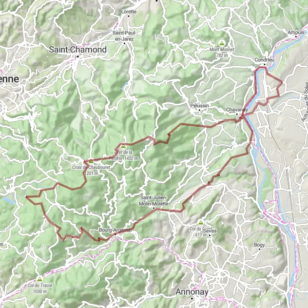 Mapa miniatúra "Challenging gravel loop to Bourg-Argental" cyklistická inšpirácia v Rhône-Alpes, France. Vygenerované cyklistickým plánovačom trás Tarmacs.app