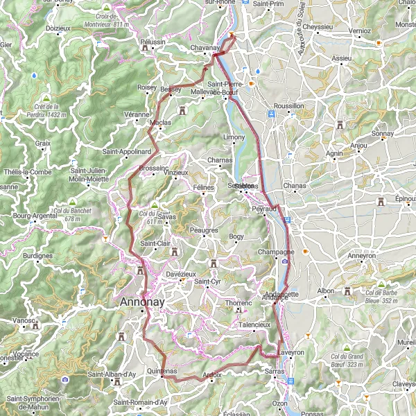 Miniatura della mappa di ispirazione al ciclismo "Percorso in bicicletta sterrato vicino a Saint-Clair-du-Rhône" nella regione di Rhône-Alpes, France. Generata da Tarmacs.app, pianificatore di rotte ciclistiche