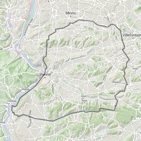 Zemljevid v pomanjšavi "Vienne in Saint-Clair-du-Rhône" kolesarske inspiracije v Rhône-Alpes, France. Generirano z načrtovalcem kolesarskih poti Tarmacs.app
