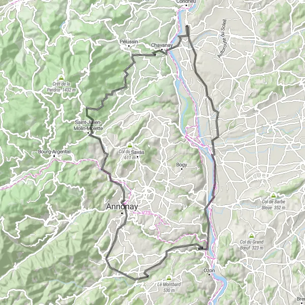 Miniatura mapy "Trasa wzdłuż doliny Renu" - trasy rowerowej w Rhône-Alpes, France. Wygenerowane przez planer tras rowerowych Tarmacs.app