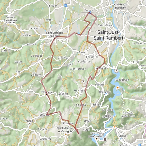 Mapa miniatúra "Gravel Route to Château de Vassalieux" cyklistická inšpirácia v Rhône-Alpes, France. Vygenerované cyklistickým plánovačom trás Tarmacs.app