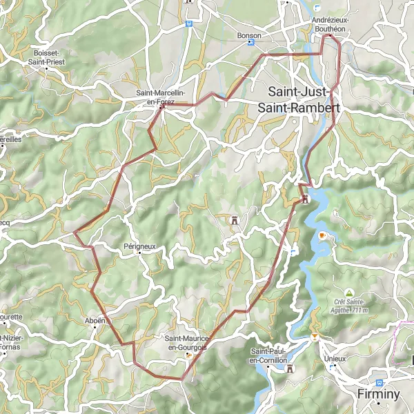 Zemljevid v pomanjšavi "Gravelska avantura blizu Saint-Cypriena" kolesarske inspiracije v Rhône-Alpes, France. Generirano z načrtovalcem kolesarskih poti Tarmacs.app