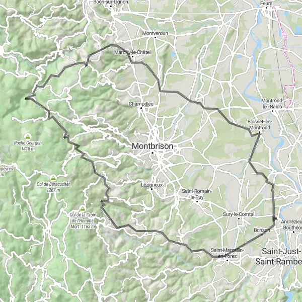 Karttaminiaatyyri "Kiehtova pyöräreitti Rhône-Alpesin maakunnassa" pyöräilyinspiraatiosta alueella Rhône-Alpes, France. Luotu Tarmacs.app pyöräilyreittisuunnittelijalla