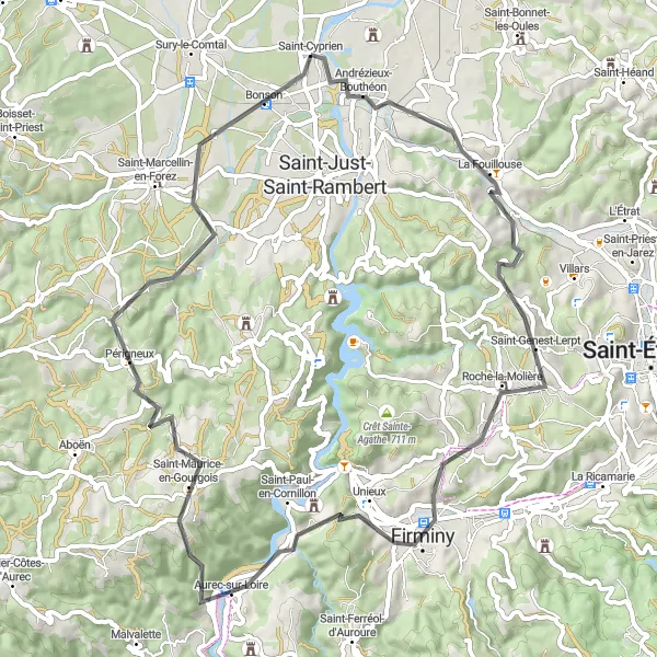 Map miniature of "A Scenic Tour of Saint-Cyprien and Beyond" cycling inspiration in Rhône-Alpes, France. Generated by Tarmacs.app cycling route planner