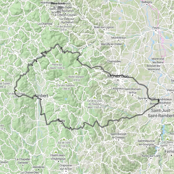 Mapa miniatúra "Cyklotrasa cez Ambert a Montbrison" cyklistická inšpirácia v Rhône-Alpes, France. Vygenerované cyklistickým plánovačom trás Tarmacs.app