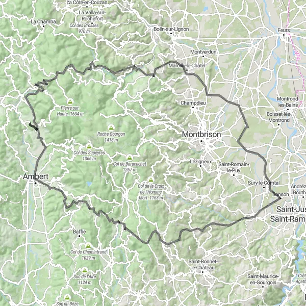 Zemljevid v pomanjšavi "Razgibana cestna tura v Rhône-Alpesu" kolesarske inspiracije v Rhône-Alpes, France. Generirano z načrtovalcem kolesarskih poti Tarmacs.app