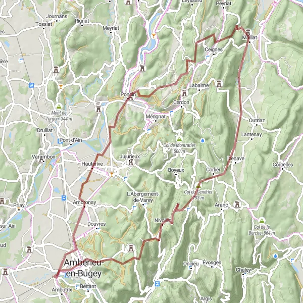 Map miniature of "Exploring the Gravel Paths of Saint-Denis-en-Bugey" cycling inspiration in Rhône-Alpes, France. Generated by Tarmacs.app cycling route planner