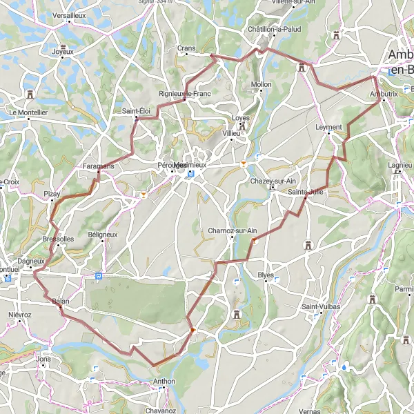 Miniature de la carte de l'inspiration cycliste "Les Collines de l'Ain en Gravel" dans la Rhône-Alpes, France. Générée par le planificateur d'itinéraire cycliste Tarmacs.app