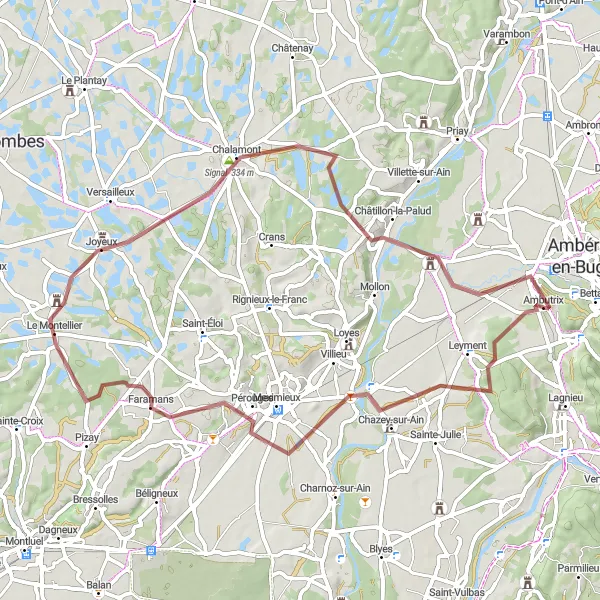 Kartminiatyr av "Chazey-sur-Ain til Pérouges" sykkelinspirasjon i Rhône-Alpes, France. Generert av Tarmacs.app sykkelrutoplanlegger