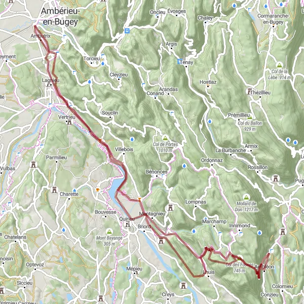 Miniatuurkaart van de fietsinspiratie "Avontuurlijke tocht naar Saint-Sorlin-en-Bugey" in Rhône-Alpes, France. Gemaakt door de Tarmacs.app fietsrouteplanner