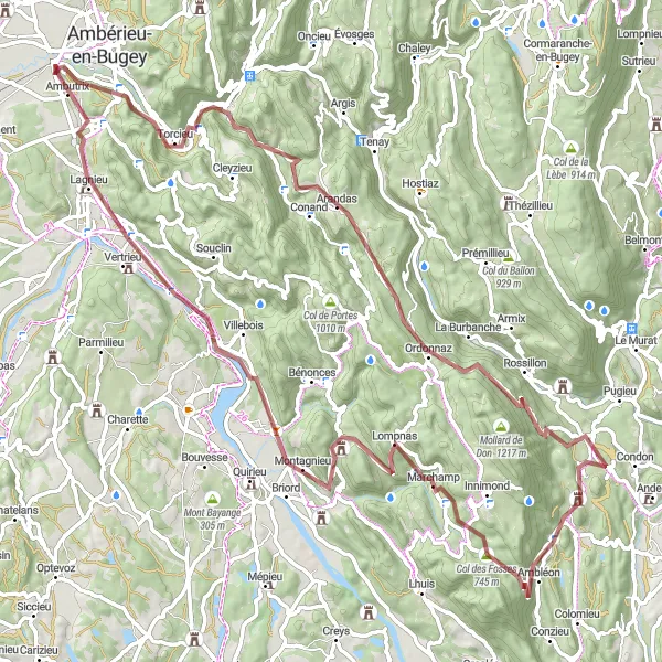 Map miniature of "Challenging Gravel Cycling Adventure" cycling inspiration in Rhône-Alpes, France. Generated by Tarmacs.app cycling route planner