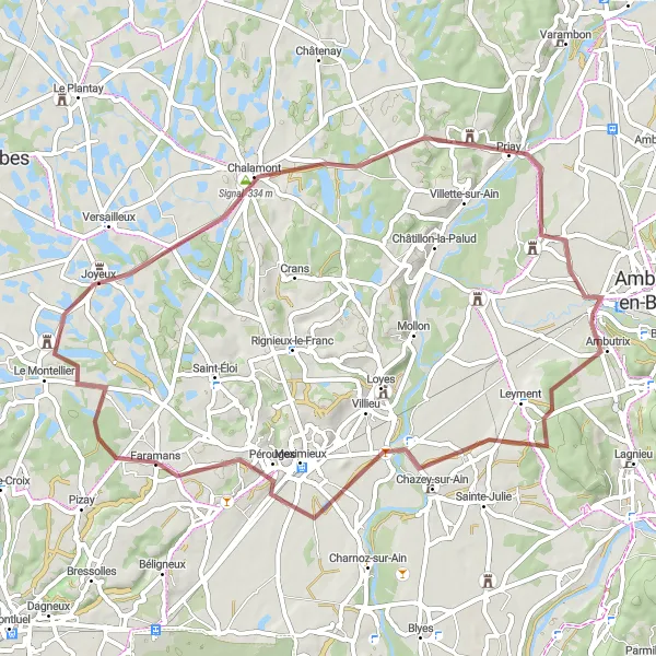 Miniature de la carte de l'inspiration cycliste "Sentiers Pittoresques de l'Ain en Gravel" dans la Rhône-Alpes, France. Générée par le planificateur d'itinéraire cycliste Tarmacs.app