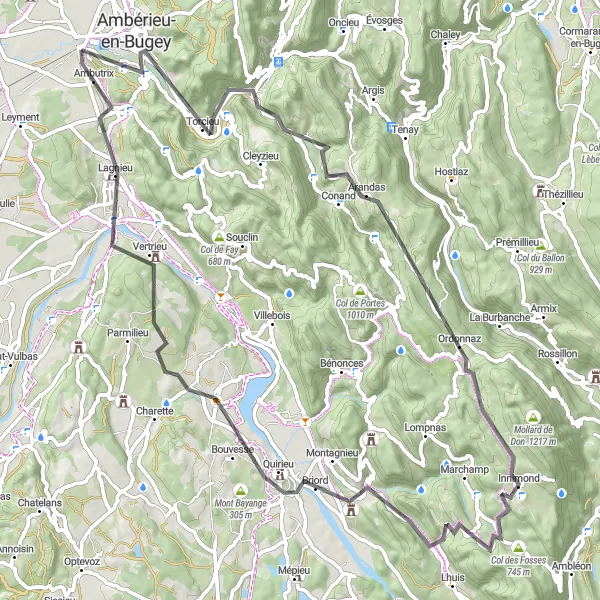 Miniatura della mappa di ispirazione al ciclismo "Scopri la campagna francese in bicicletta" nella regione di Rhône-Alpes, France. Generata da Tarmacs.app, pianificatore di rotte ciclistiche