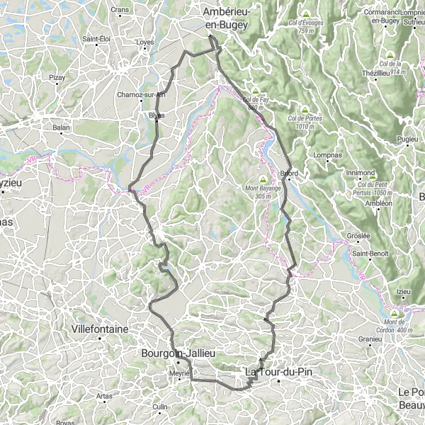 Mapa miniatúra "Cyklistická trasa s výhľadmi na pláň Ain" cyklistická inšpirácia v Rhône-Alpes, France. Vygenerované cyklistickým plánovačom trás Tarmacs.app