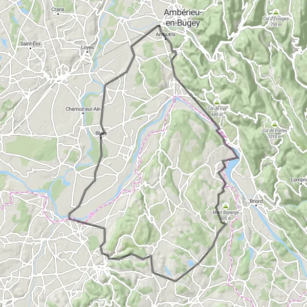 Map miniature of "Exploring Charming Villages near Saint-Denis-en-Bugey" cycling inspiration in Rhône-Alpes, France. Generated by Tarmacs.app cycling route planner