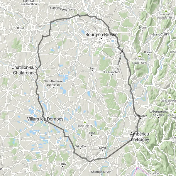Kartminiatyr av "Meximieux til Ambronay" sykkelinspirasjon i Rhône-Alpes, France. Generert av Tarmacs.app sykkelrutoplanlegger