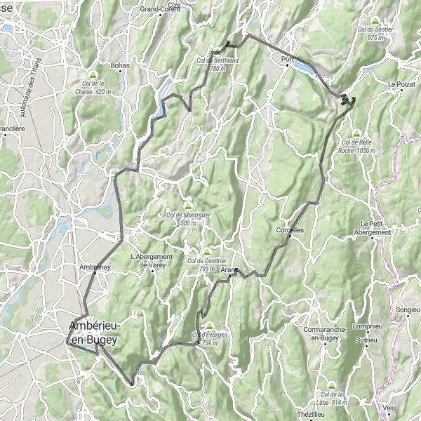 Kartminiatyr av "Nantua Lake Circuit" sykkelinspirasjon i Rhône-Alpes, France. Generert av Tarmacs.app sykkelrutoplanlegger