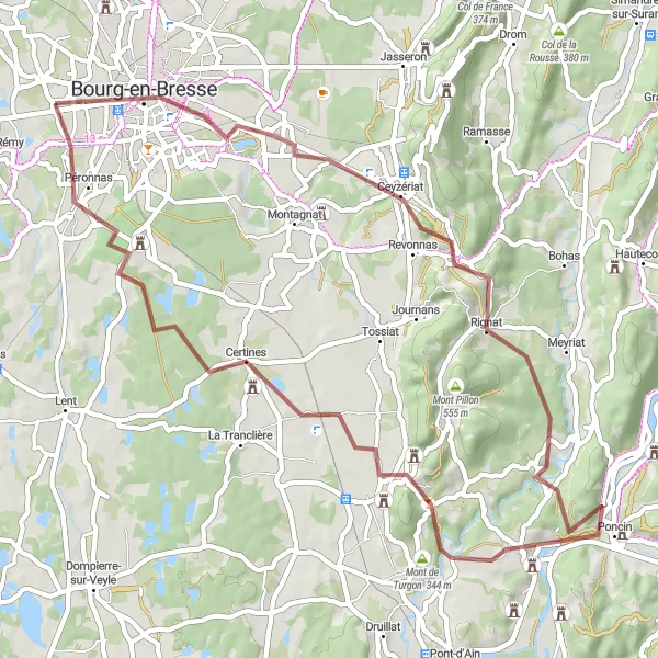 Mapa miniatúra "Gravel Okruh cez Ceyzériat a Neuville-sur-Ain" cyklistická inšpirácia v Rhône-Alpes, France. Vygenerované cyklistickým plánovačom trás Tarmacs.app