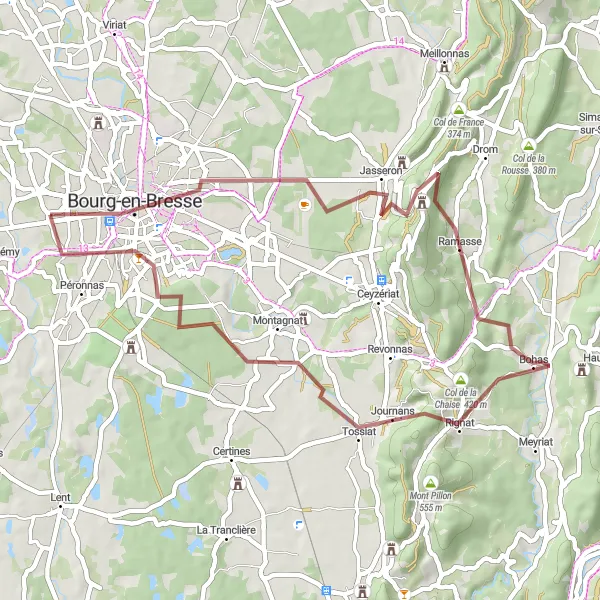 Mapa miniatúra "Gravelová cyklotrasa cez Jasseron, Col de la Chaise, Journans, Montagnat a La Grange Maman" cyklistická inšpirácia v Rhône-Alpes, France. Vygenerované cyklistickým plánovačom trás Tarmacs.app