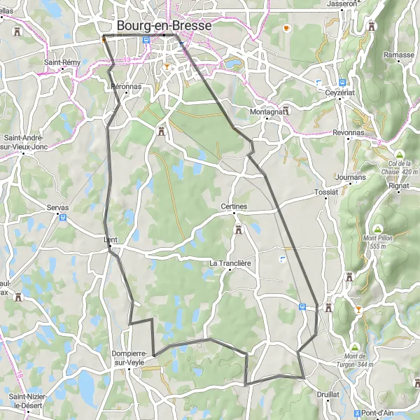 Miniatura della mappa di ispirazione al ciclismo "Giro in bicicletta di 46 km partendo da Saint-Denis-lès-Bourg" nella regione di Rhône-Alpes, France. Generata da Tarmacs.app, pianificatore di rotte ciclistiche