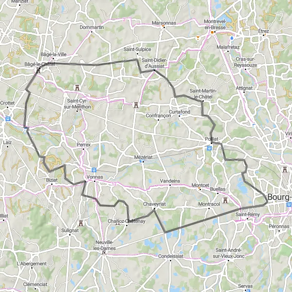 Zemljevid v pomanjšavi "Kolesarjenje skozi Chanoz-Châtenay, Bâgé-le-Châtel in Polliat" kolesarske inspiracije v Rhône-Alpes, France. Generirano z načrtovalcem kolesarskih poti Tarmacs.app
