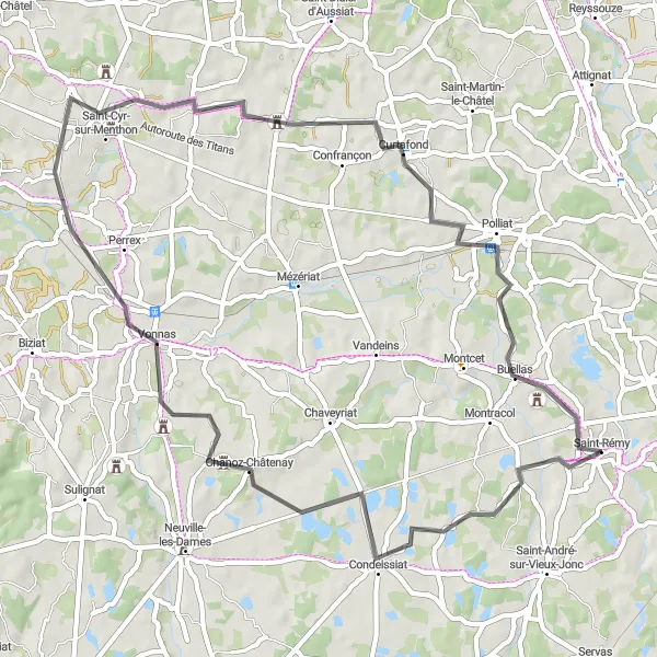 Miniatura della mappa di ispirazione al ciclismo "Giro tra le colline di Condeissiat e dintorni" nella regione di Rhône-Alpes, France. Generata da Tarmacs.app, pianificatore di rotte ciclistiche