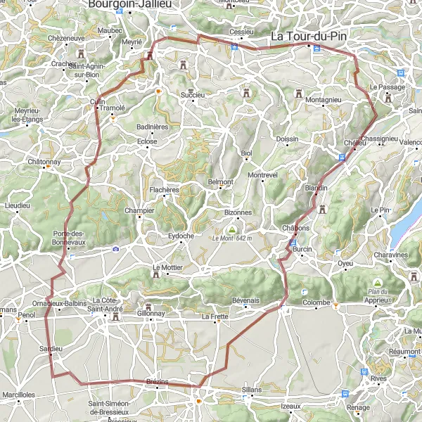 Miniature de la carte de l'inspiration cycliste "À la découverte de la nature" dans la Rhône-Alpes, France. Générée par le planificateur d'itinéraire cycliste Tarmacs.app