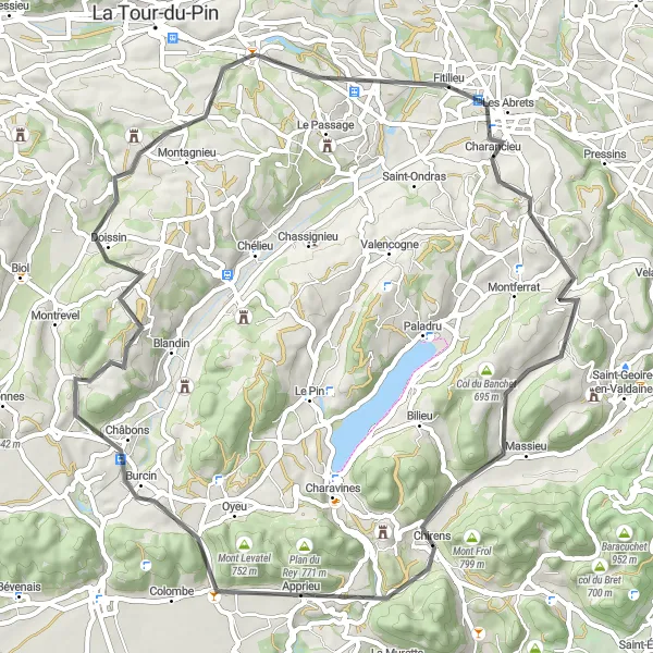 Kartminiatyr av "Vakker landeveistur gjennom Rhône-Alpes" sykkelinspirasjon i Rhône-Alpes, France. Generert av Tarmacs.app sykkelrutoplanlegger